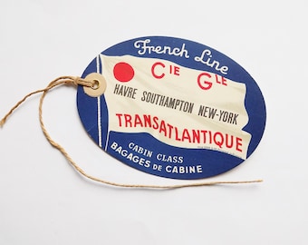 1930er Jahre French Line Transatlantique unbenutzter Kofferanhänger mit Hanf Krawatte / Karton / Französischer Text / Cabin Class / nähen mint