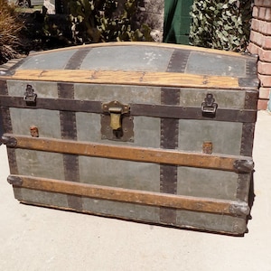 1800s Metal Steamer Trunk / wheels / no handles / storage / décor / Morgan / Steampunk / Pirate / NO SHIPPING