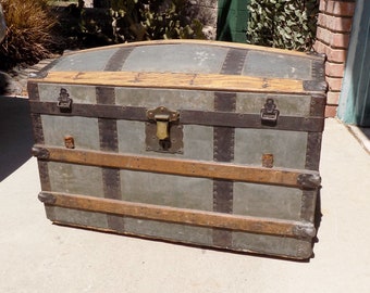 1800s Metal Steamer Trunk / wheels / no handles / storage / décor / Morgan / Steampunk / Pirate / NO SHIPPING