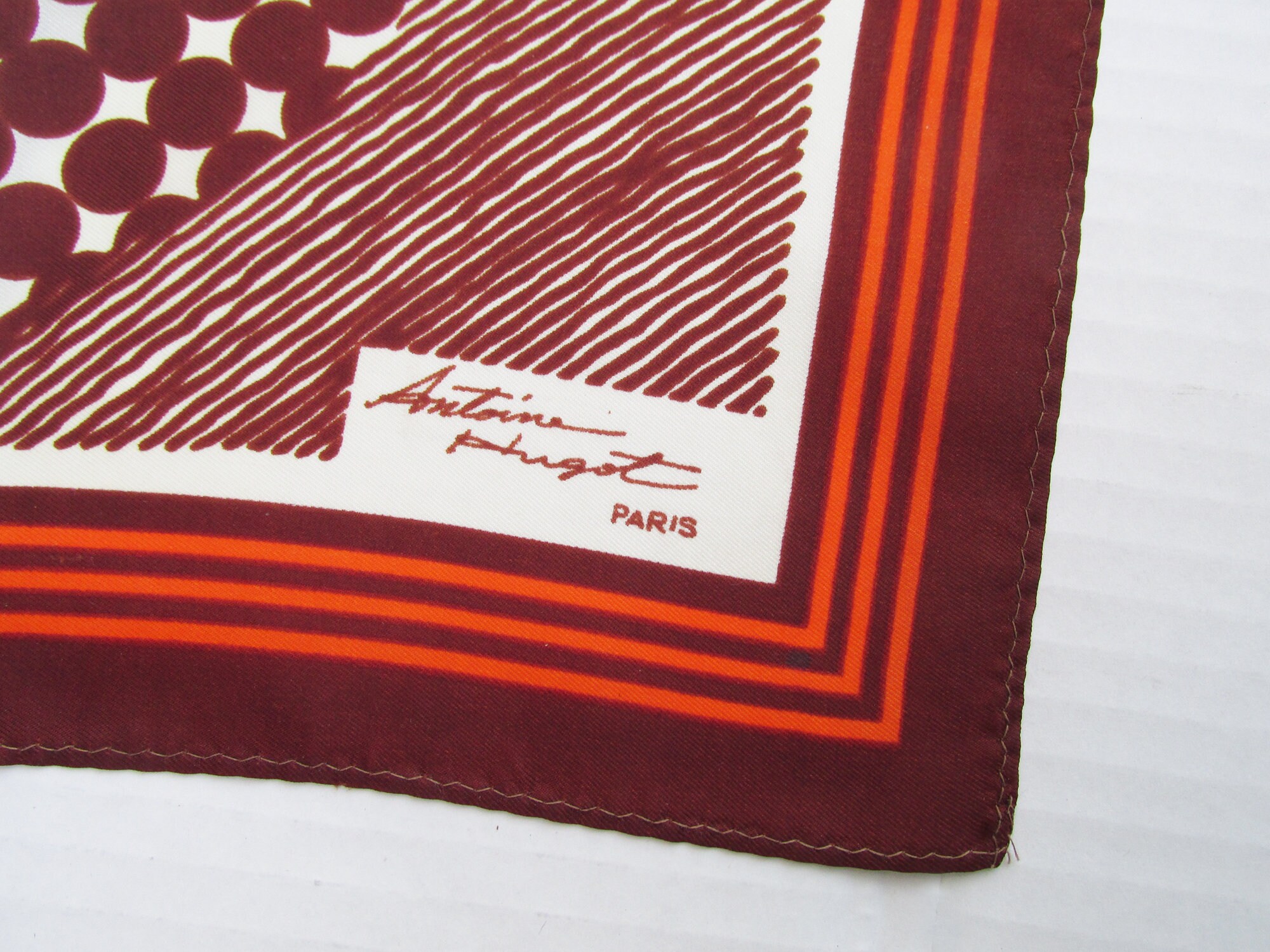 1960s MOD Designer scarf by Antoine Hugot / acetate / 26" square / Paris / brown / orange /