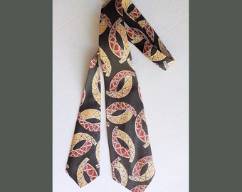 1940s wide Tie / necktie/ cravat / Art Deco / dark olive green/ yellow / brown / Hollyvogue / California / Art's men's shop