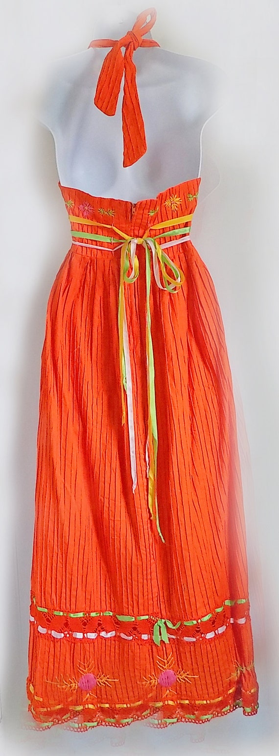 1960s-80s Boho Orange Mexican Sun Dress / Halter … - image 2