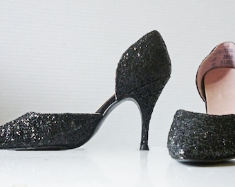 1950&#39;s Black Sparkle Stiletto High Heel Cocktail Pumps