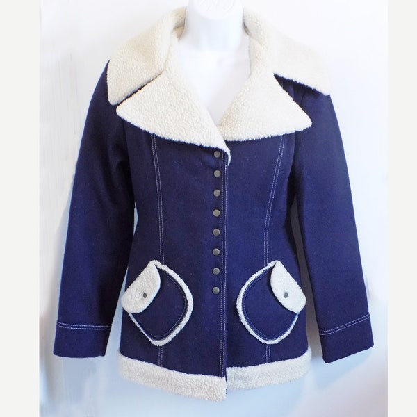 1970s Wool Navy Blue jacket with fake sheepskin fleece by Milly of New York / small / Disco Queen