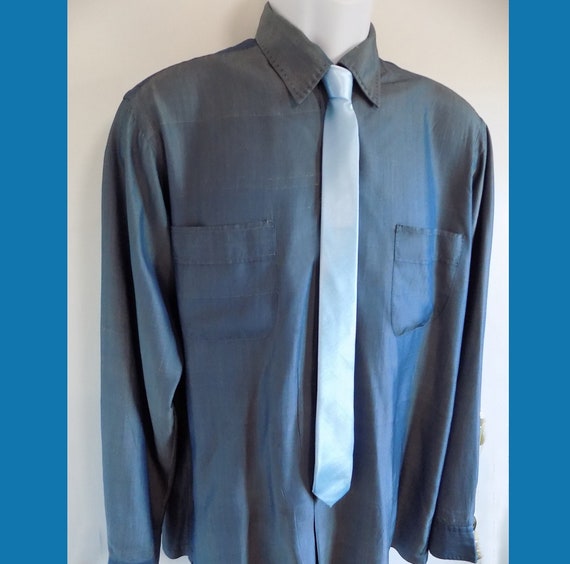 1940s-50s Blue silk shirt with white slubs, XL, m… - image 1