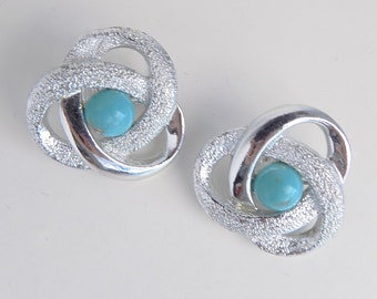 1960s Atomic Clip-on Earrings by Sarah Covington / turquoise / silver tone / molecular Science / 1 inch