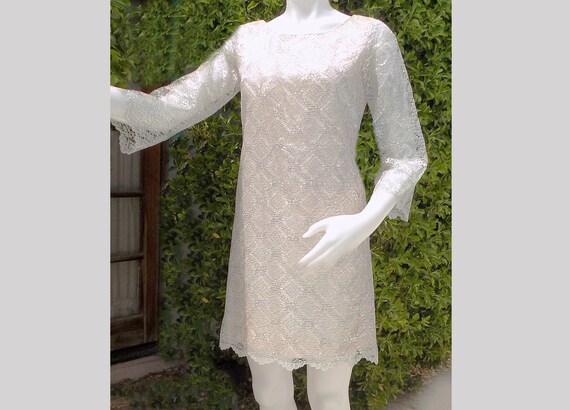 1960s silver mini dress with bell sleeves / weddi… - image 1