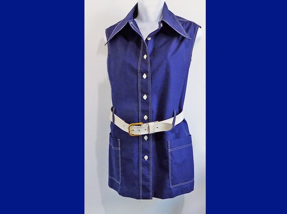 1970s Mini Dress or Tunic / Navy Blue / Wide Collar / White Stitching /  Deep Pockets / Belt NOT Included / No Ironing / Cotton and Dacron. - Etsy