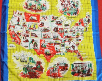 1950s Atomic-rockabilly Hand-printed Souvenir Silk Scarf 