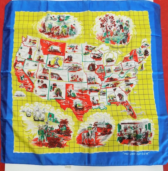1950s Atomic-rockabilly Hand-printed Souvenir Silk Scarf 