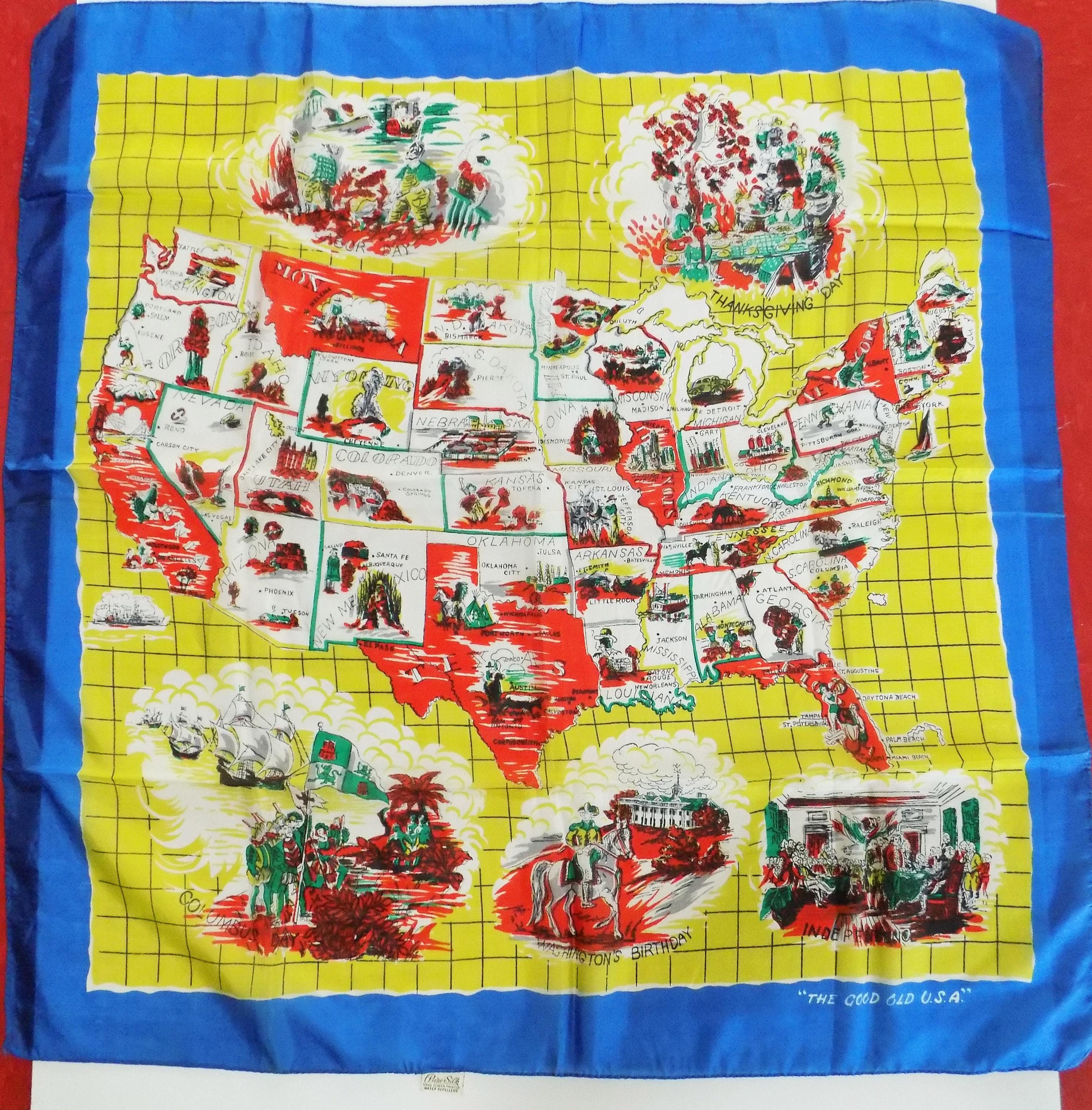 1950s Atomic-rockabilly Hand-printed Souvenir Silk Scarf 