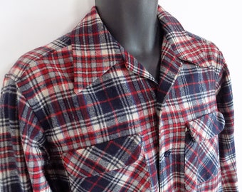 1970s Pendleton Board Shirt, wool, red white and blue, plaid, Medium/ LONG, loop collar, MAGNUM long, small moth hole