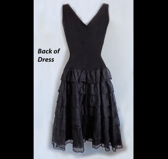 1950s Black Ruffle, Drop waist, Party Dress, Smal… - image 3