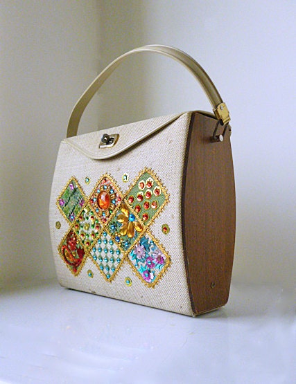 1960s Beaded Applique Purse With Wood Sides / Vintage Purse / Top