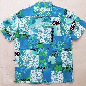 1970&#39;s XL Homemade Hawaiian TIKI shirt / blue / hand made / handmade / tropical /