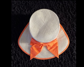 Vintage fan-shaped straw hat with orange cotton hatband and bow, flat crown, one size adult beach hat, gardening hat