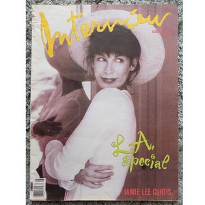 August 1989 INTERVIEW magazine, Andy Warhol, Jamie Lee Curtis, culture, art, celebrity, David Hockney, Sandra Bernard, fame