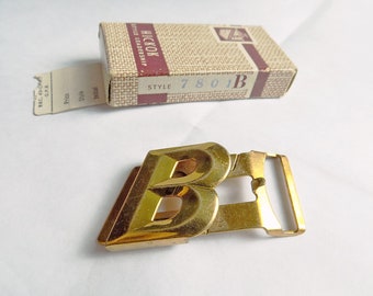 Art Deco 1940s HICKOK man's gold-tone belt buckle in original box / letter "B" / Initial / Monogram / fits 1" wide belt / made in the USA
