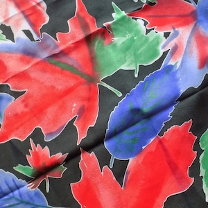 1980s - 90s VERA ( Veresa) polyester scarf made in Japan/ autumn leaves / machine hemmed / no flaws / blue/red/black/green / square