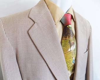 1940s Art Deco Tan Hounds Tooth Suit, Wide Lapels, Pegged