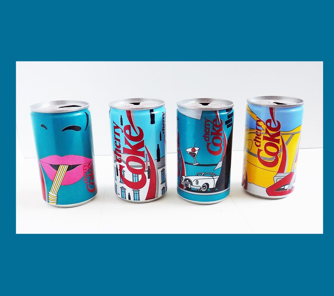 1980s Set of Four Designer Cherry COKE Cans From Germany, Near