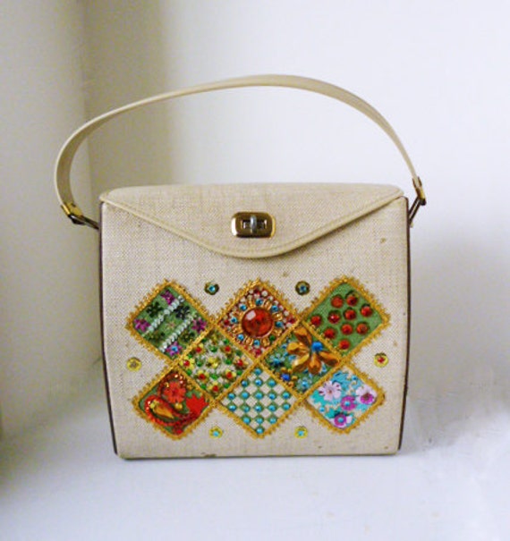 1960s  Beaded Applique Purse with wood sides / vi… - image 2