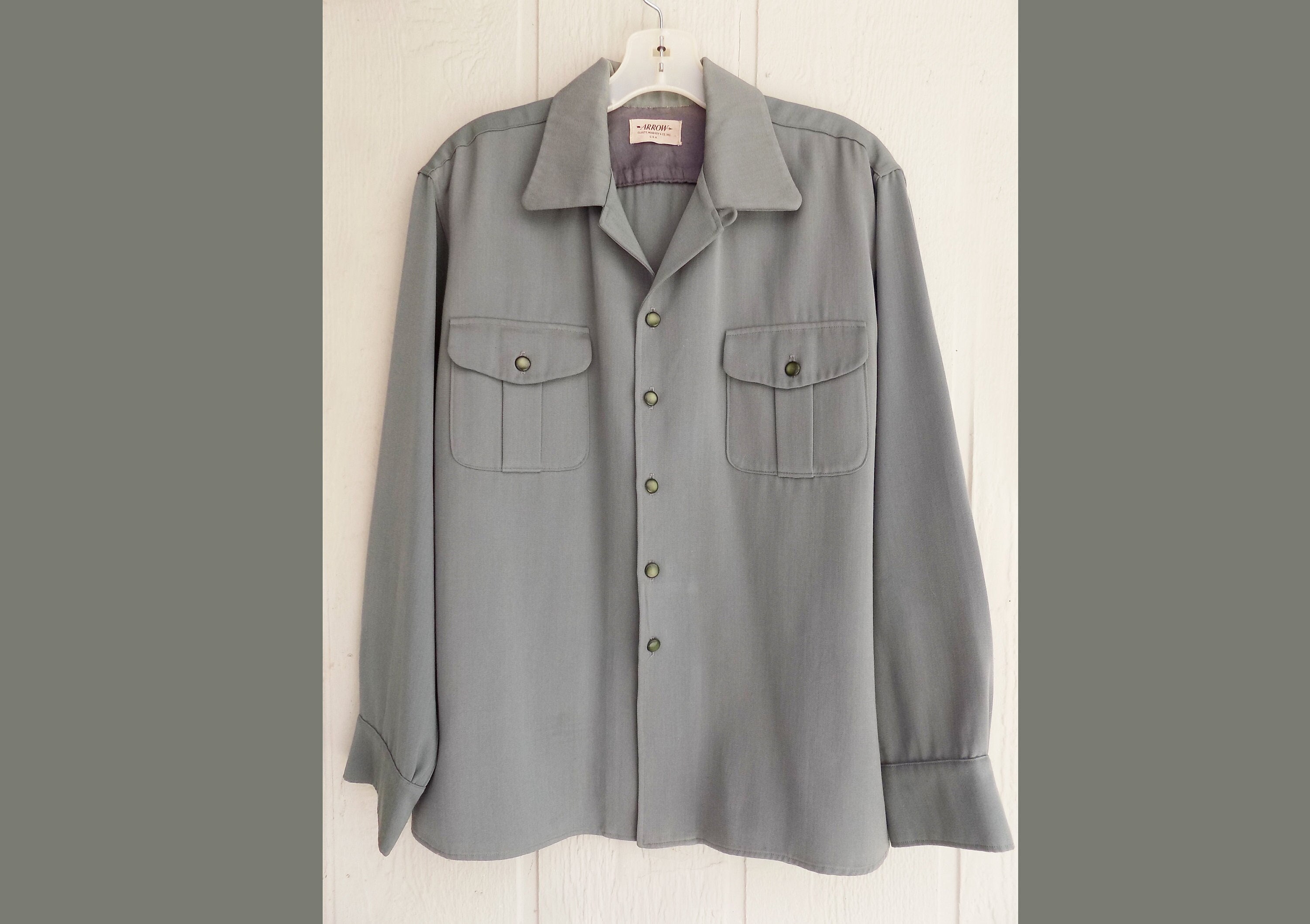 1940s-50s ARROW Work Shirt / Gabardine / Loop Collar / Green / - Etsy