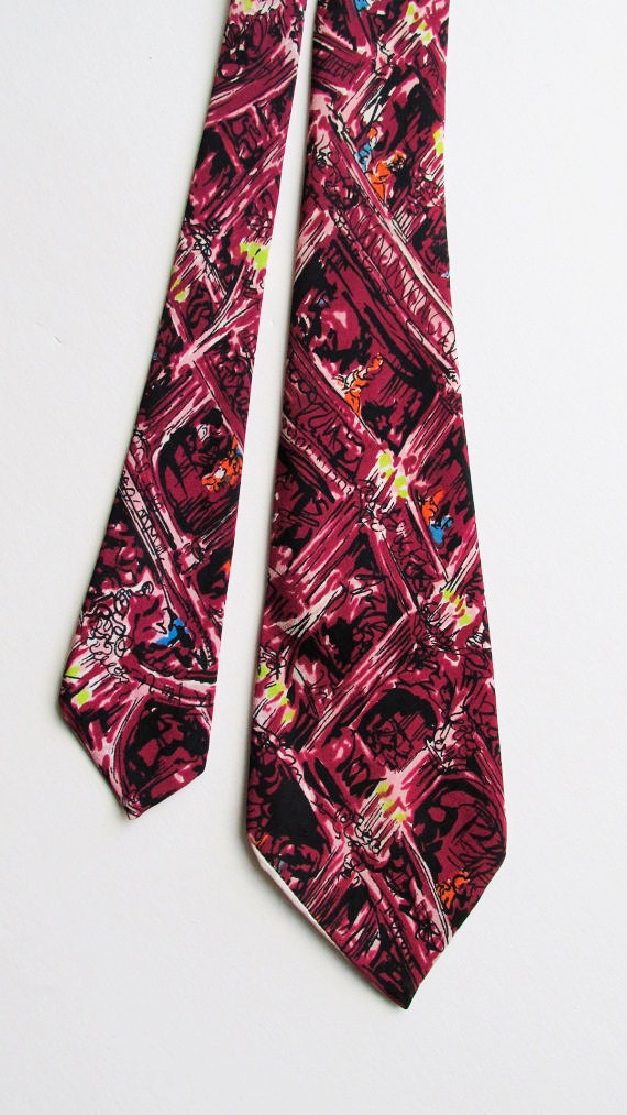 1940's - 50's Impressionist wide tie with Theatre… - image 1