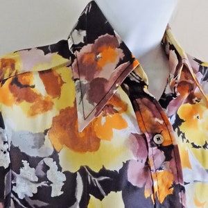 1970s Boho Sheer Crepe Blouse / S / Floral / see-through / Large Collar / orange/purple/black/white/ Mindy/ TWO EAST