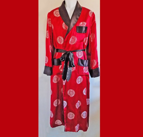 1960s Red Chinese Silk Robe, Smoking Jacket, Ceri… - image 1