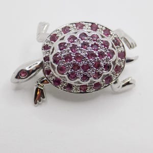 1980s demure Sterling Silver TURTLE pin / pendant, with moving head, tail, and legs, articulated, kinetic, ruby crystals, marked 925, NF