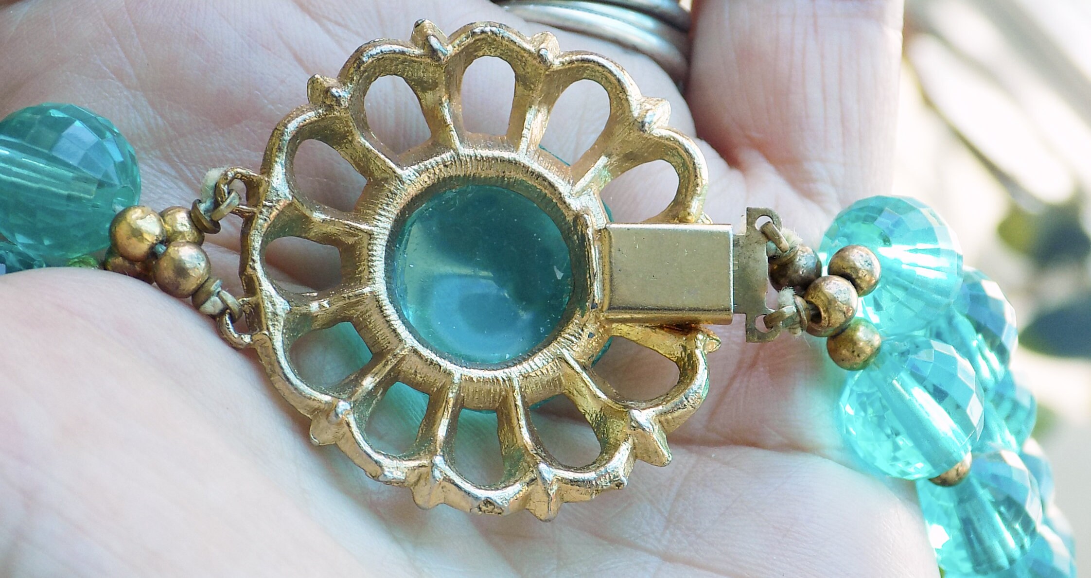 Collier Vintage Années 50 - 2 Rangs De Perles Céramique Turquoise Avec Boîte - Occasion