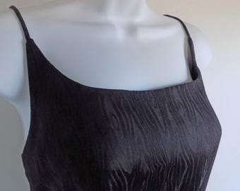 1950s cotton cocktail dress made with black moiré fabric, spaghetti straps, with metal zipper down center back, no label, M