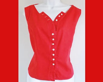 1950s Red sleeveless ROCKABILLY cotton blouse, button up, excellent condition, Large