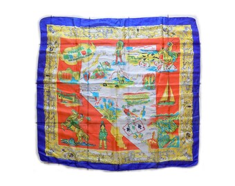 Rare HUGE silk Souvenir scarf showing scenes of Nevada Las Vegas, casinos, cowboys, 32" square