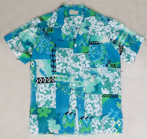 1970's XL Homemade Hawaiian TIKI shirt / blue / h… - image 3