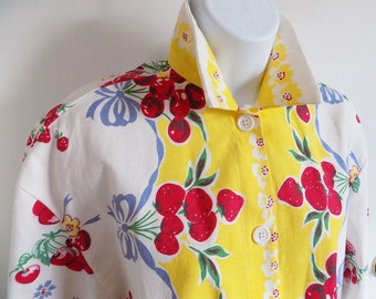 One-size top made from 1940s cotton tablecloths with cherries and strawberries, with yellow field and blue bows