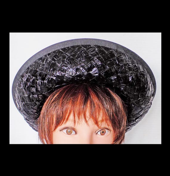 1960s Large Weave Black Straw BRETON Hat, by Mr. John, Wide  display picture 1