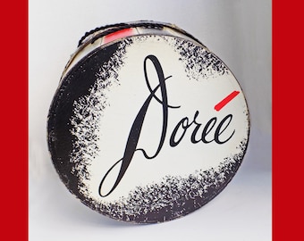 1930s-40s DOREE Art Deco hat Box . red/ black/ white / 12' x 6.5" / display / decor / storage /