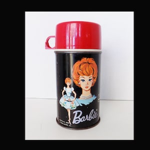 1965 Black Thermos with Barbie, Midge, and Skipper / complete / Very Good condition / No lunch box / kitchen decor / girl&#39;s bedroom