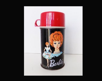 1965 Black Thermos with Barbie, Midge, and Skipper / complete / Very Good condition / No lunch box / kitchen decor / girl's bedroom