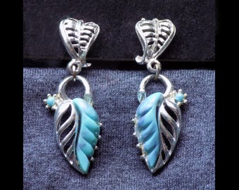 Boucles d’oreilles à vis Aqua et silver tone des années 1940-50 / Carmen Miranda / Design de feuille tropicale / non signé