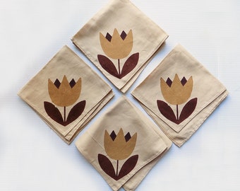 1960s Set of 4 Hand-Printed Mid-century cotton napkins, serviettes, square, tulip design, brown, tan,