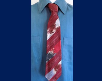 1930s-40s  Abstract red white and blue silk taffeta necktie, from Flint and Kent, in Buffalo, N.Y., 3.5" wide, after repair (44.5" long)