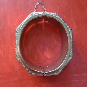 1950s Bracelet: Wide- Hollow -Eight-Sided -Silver Tone- with Safety Chain