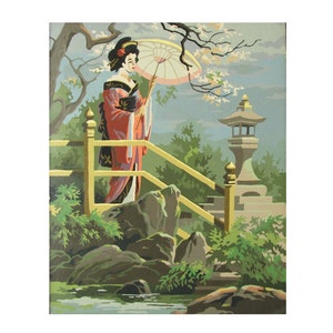 REDUCED! 1950s-60s pair of Paint by Number scenes of Japan, each 16&quot; x 20&quot;, painting, wall decor, kitsch