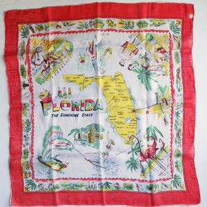 Jaren 1950 Atomic Rockabilly FLORIDA souvenir zijden sjaal met een kaart van Florida en VEEL illustraties, zeer lijstbaar, 27 inch, handgerolde zoom