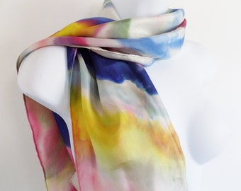 1960s hand dyed silk hand rolled rectangular scarf, many colors, long, no flaws, great for any outfit, any season. Wonderful gift.
