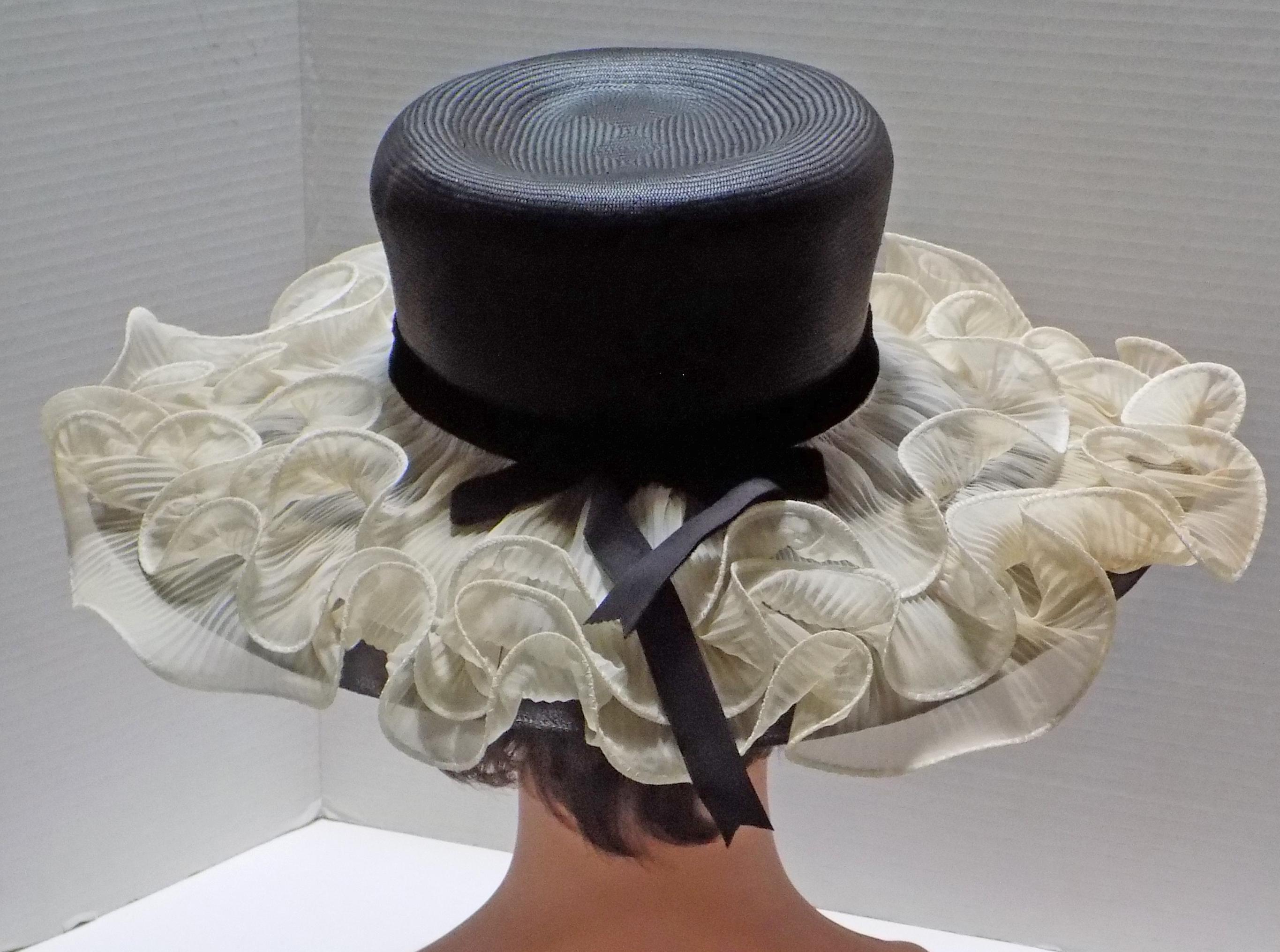 Vintage 1960s Cream Tulle Curler Ruffle Hat Vintage White Rose Hat, Gray Tulle Veil, Mid Century Style  main image 2