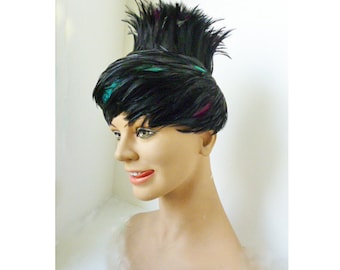 Rare 1950s Atomic Feather &quot;Volcano&quot; Hat, blue accents, Noreen label, high fashion
